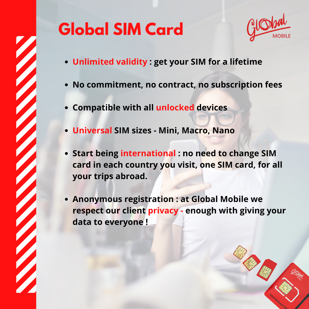 Global SIM Card (1 SIM) and get high speed data roaming internet, calls, SMS !
